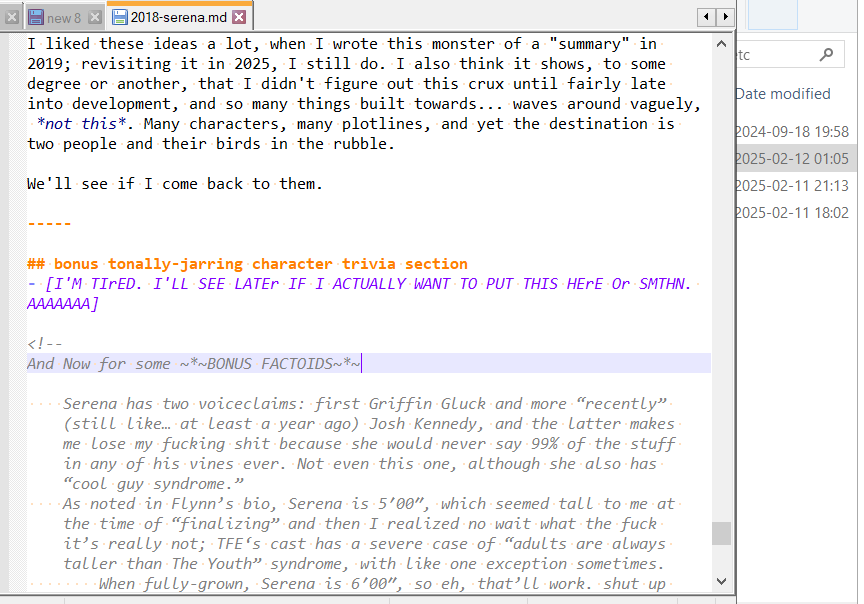 Screenshot of Notepad++ (coding program) with a line in which I yell about being tired and finishing the file later. Off to the side is the file explorer, highlighting a date modified time of 01:05(AM).