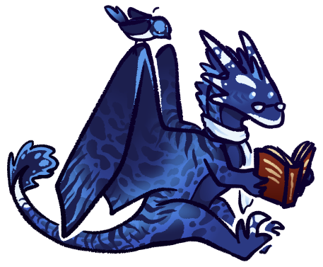 chibi doodle of my old avatar dragon, a blue wildclaw, sitting down reading a book