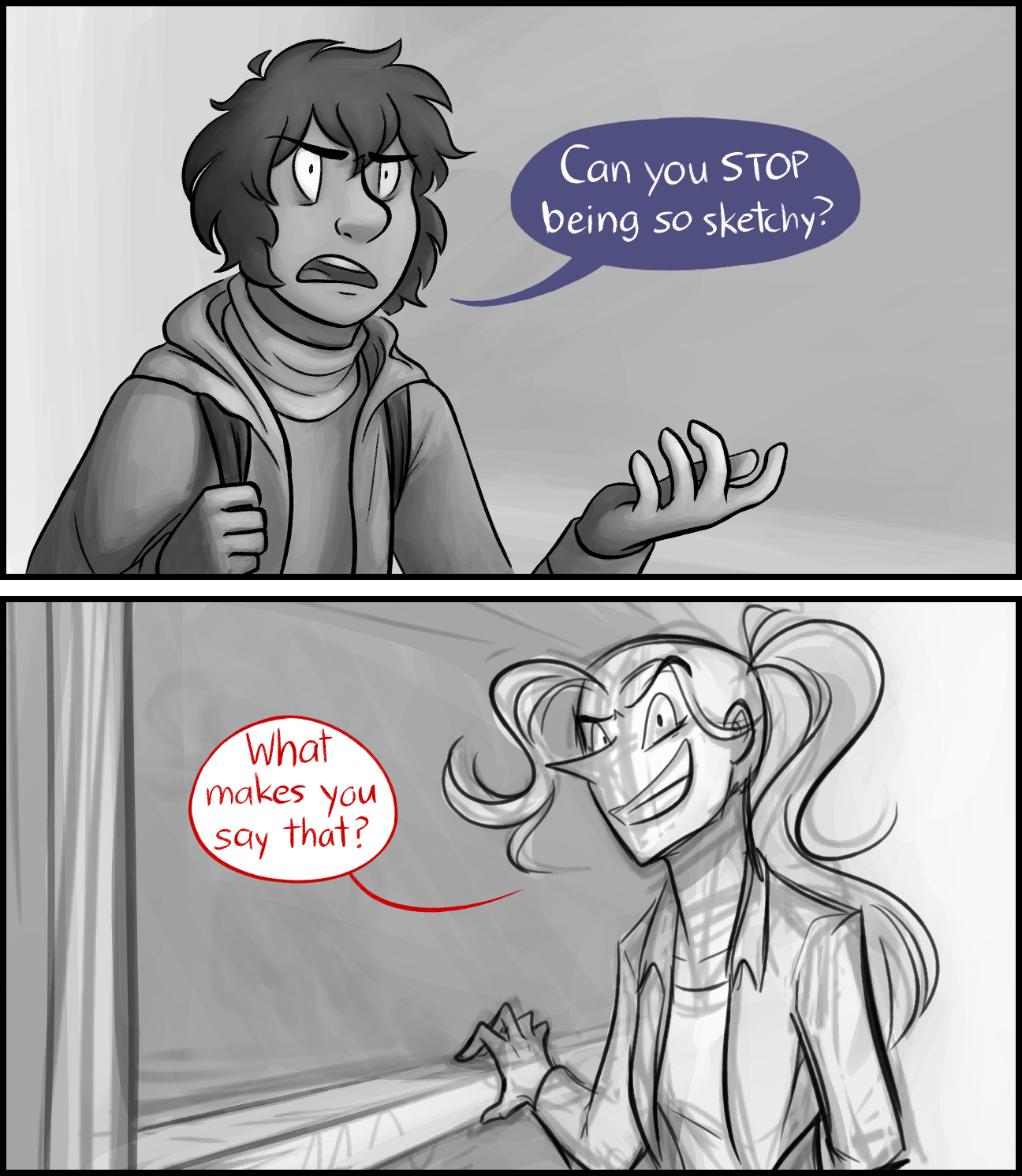 A two-panel bonus comic. First panel: Kade, annoyed, asks “Can you stop being so sketchy?”. Second panel: Valerie: “What makes you say that?” Her sketch layers are showing.