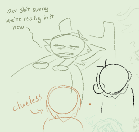 Older doodle of a sick-looking Basil in bed. In this one he says “aw shit sunny we’re really in it now” (and Kel, still, is clueless).