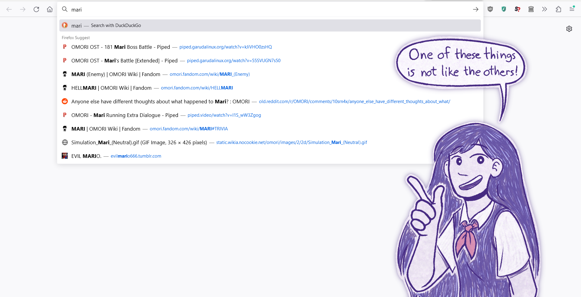 Web browser screenshot with various URL suggestions for “mari” (links transcribed below). Mari says: “One of thse things is not like the others!”