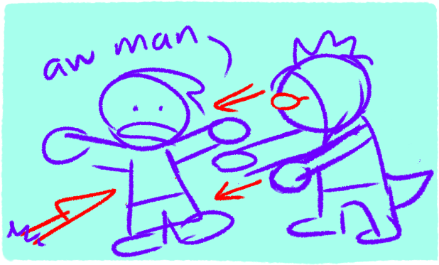 Crude doodle of Berly shoving Kel into a knife. “aw man”