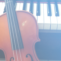 A violin leaning against a piano.