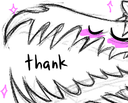 closeup on one face but with a closed eyes, a blush, and sparkles scribbled on. it says “thank”