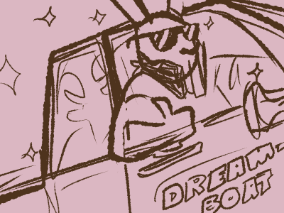 Doodle of WR, wearing cool shades and making a thumbs up, driving a sparkling truck labeled (in all caps) “dreamboat”.