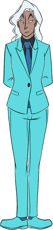 Fullbody of the accountant, standing near-symmetrical from the front, arms crossed behind back. Glancing off to the side, frowning slightly.