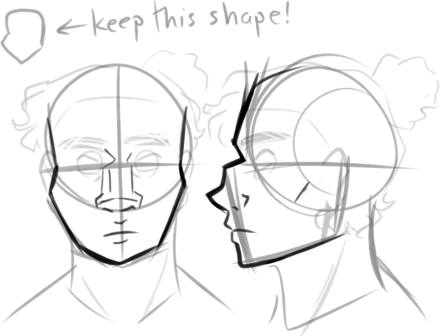 Front and side views of Joce’s face shape, with a simplified version noted above.