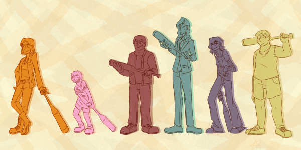 Lineup again, but with each character standing further apart and colored with a solid fill.